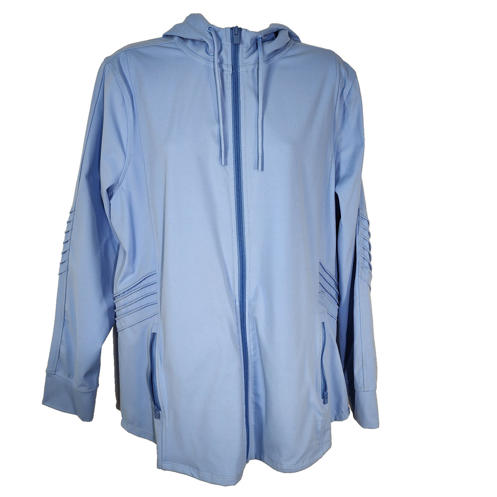Chicos Zenergy Jacket Women Size 2 US 12/14 Pintuck Moto Blue Zip Pocket Stretch